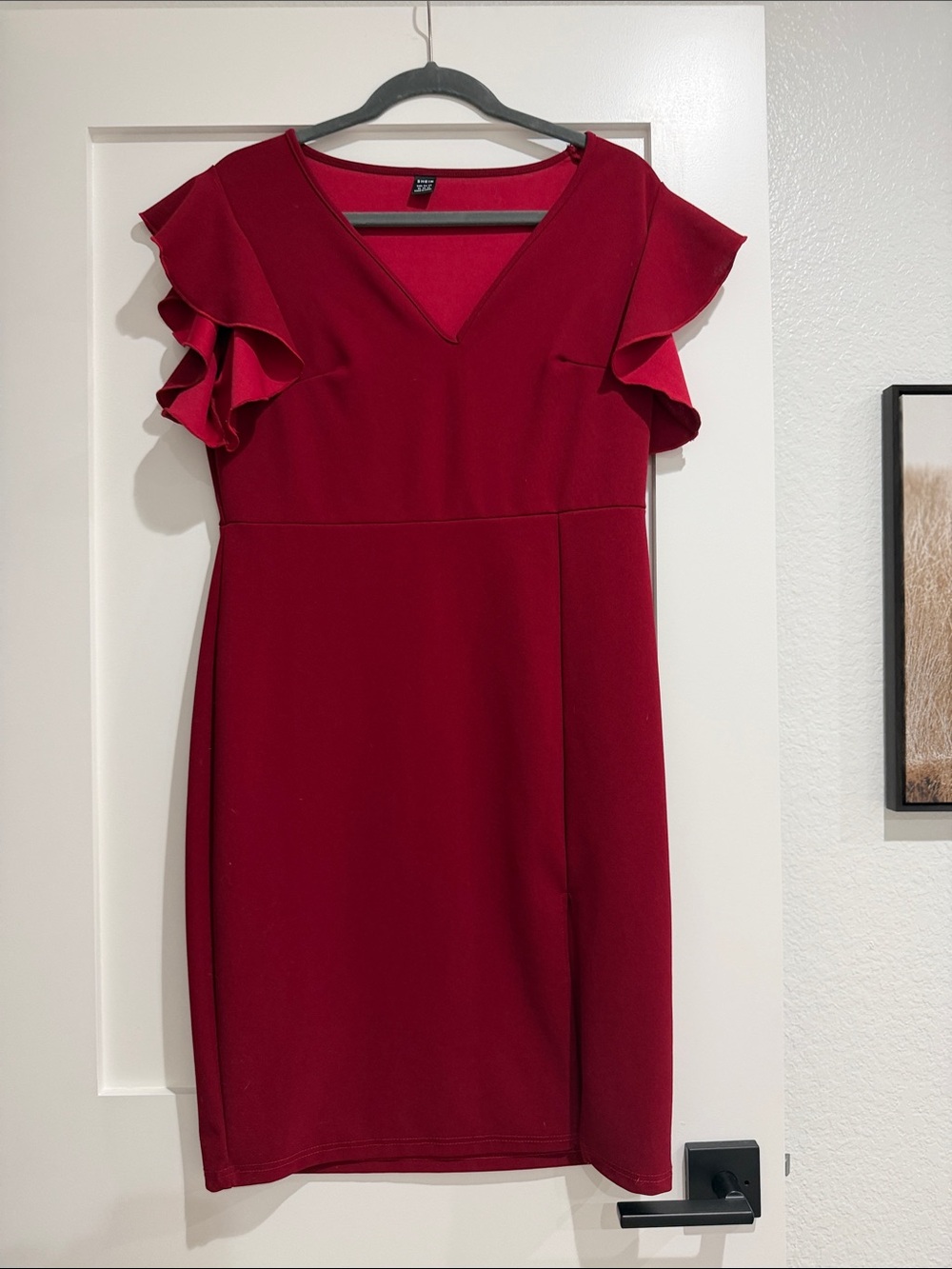 SHEIN Crimson Ruffle Sleeve V-Neck Mini Dress